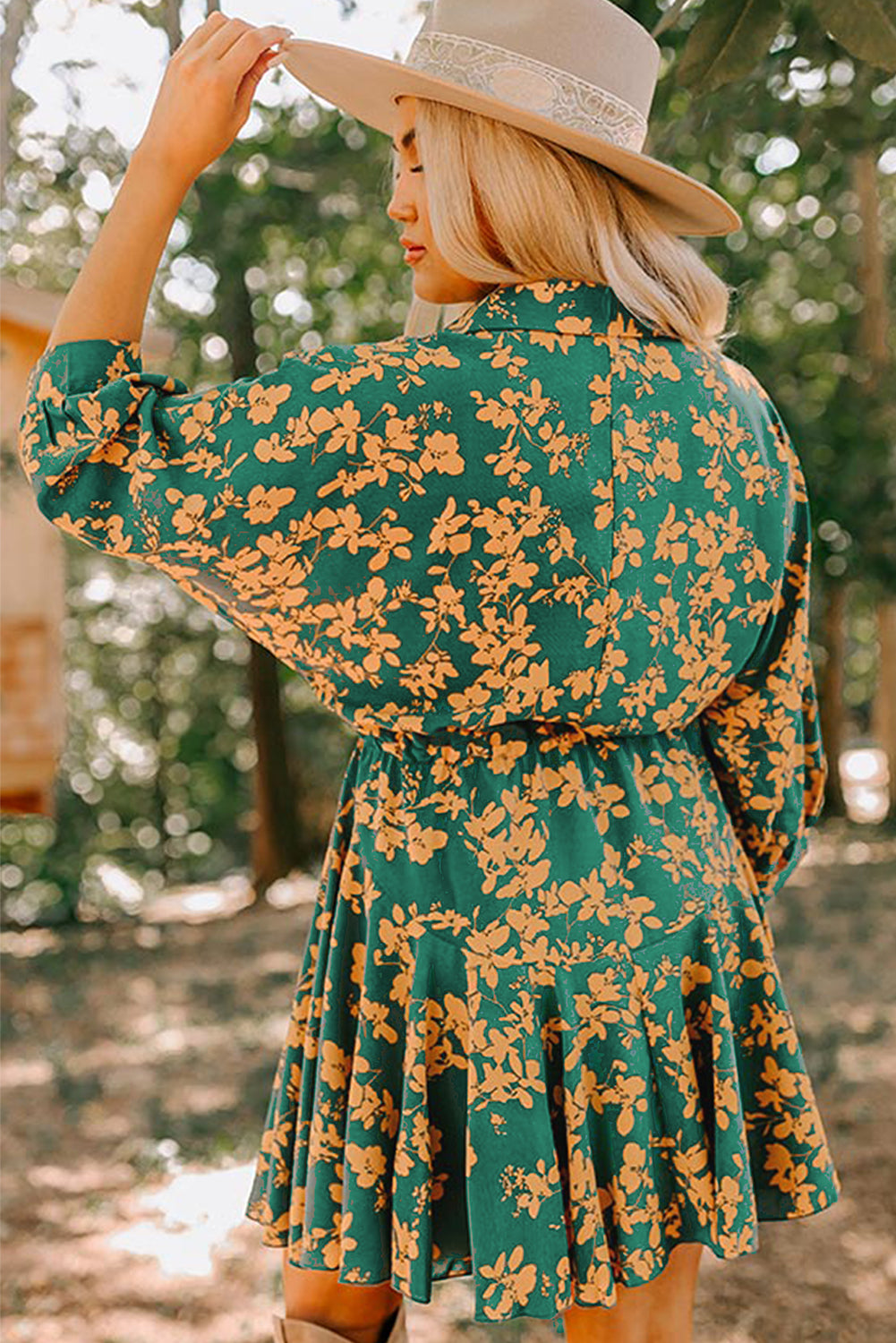 Green Floral Print Drawstring Flowy Short Dress