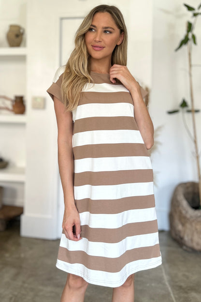 Basic Bae Full Size Striped Round Neck Cap Sleeve Mini Dress