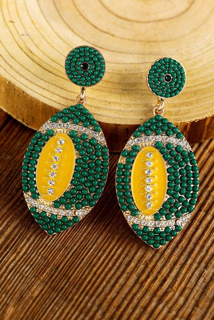 Dark Green Beaded Rhinestone Rugby Drop Earrings