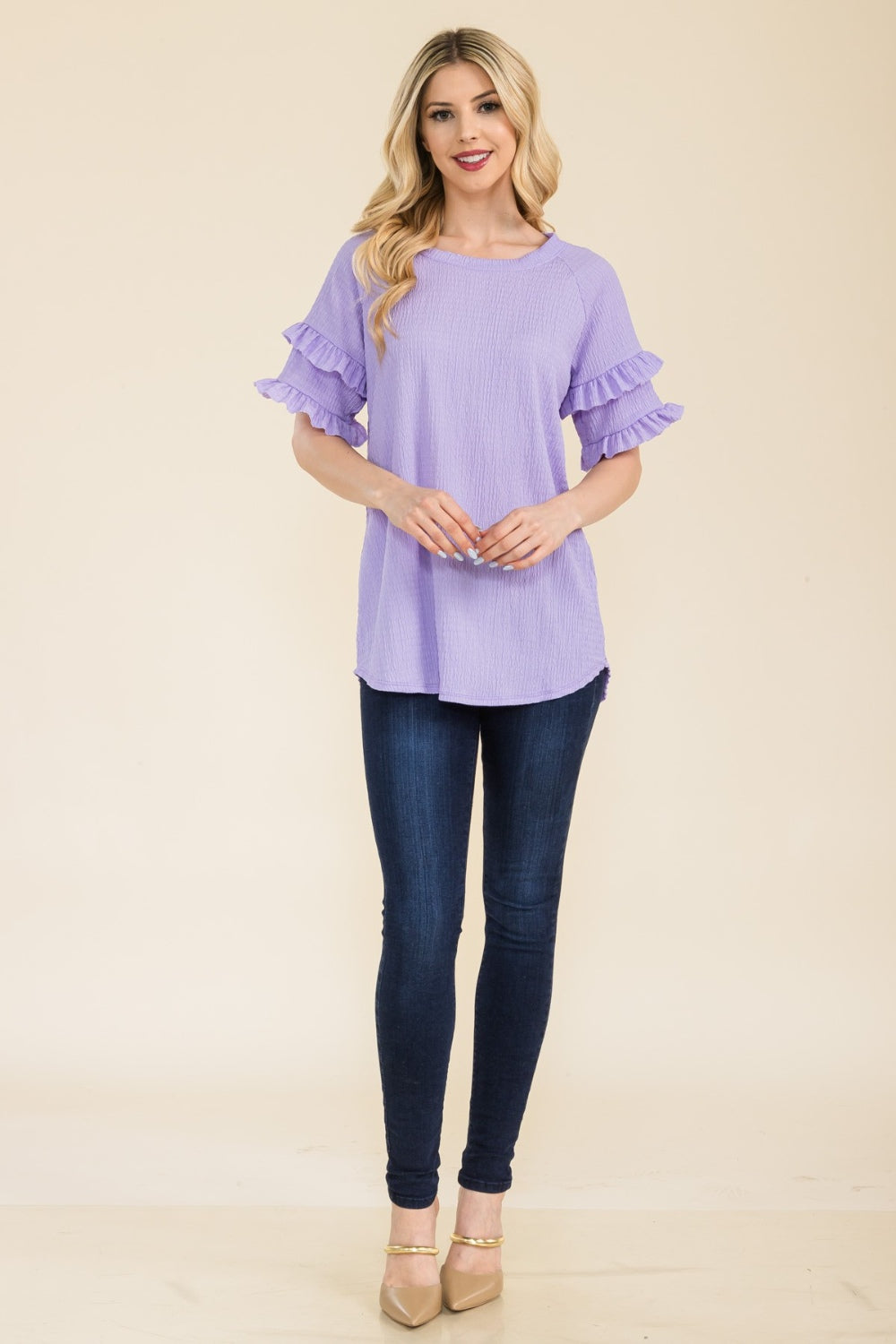 Celeste Full Size Ruffle Short Sleeve Texture Top