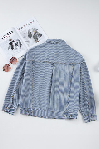 Blue Stripe Washed Oversized Pocketed Denim Jacket