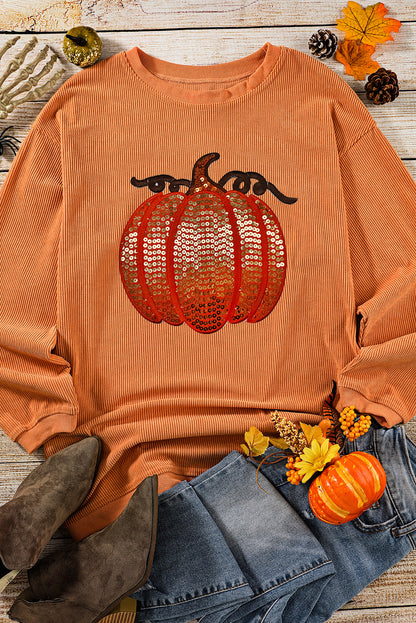 Apricot Crinkle Ribbed Halloween Sequin Pumpkin Graphic Sweatshirt