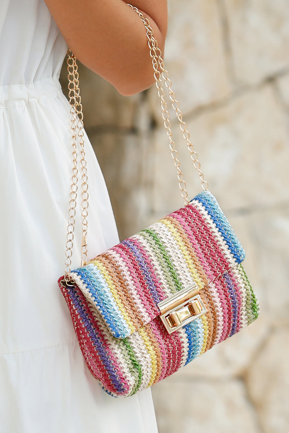 Camel Woven Striped Flapped Single Shoulder Bag