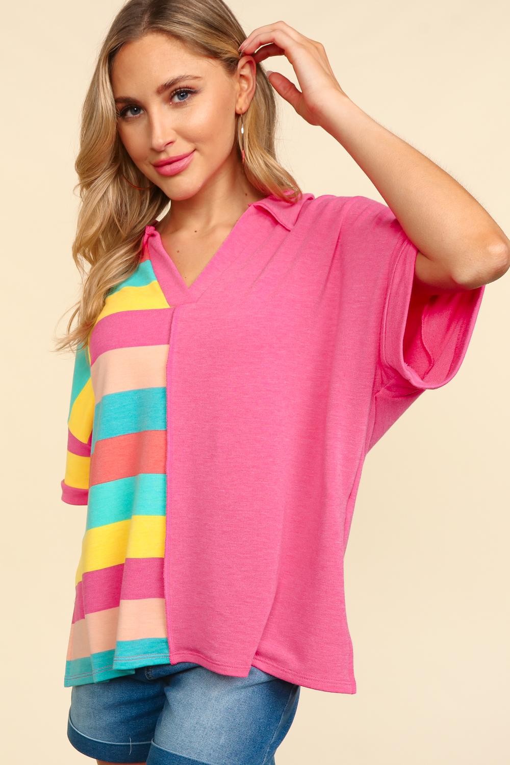 Haptics Exposed Seam Short Sleeve Half Striped T-Shirt