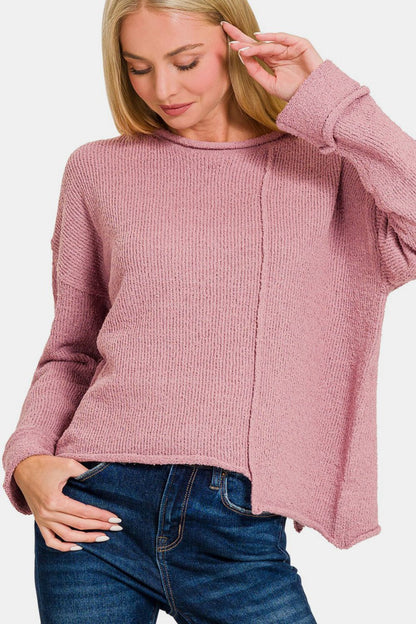 Zenana Asymmetric Hem Drop Shoulder Sweater