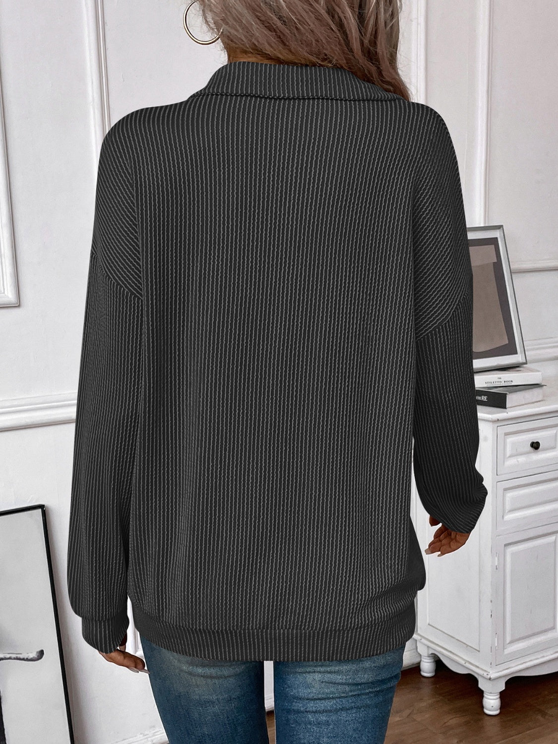 Double Take Striped Half Zip Long Sleeve T-Shirt