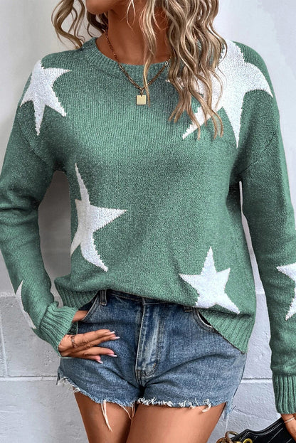 Khaki Star Pattern Drop Shoulder Knit Sweater