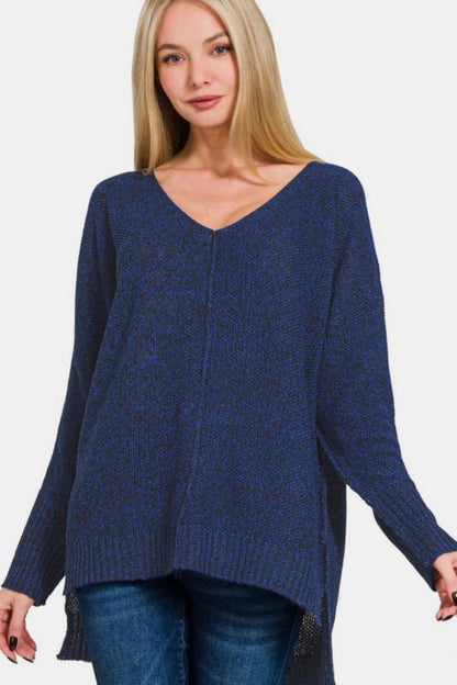 Zenana High-Low Center Seam V-Neck Sweater