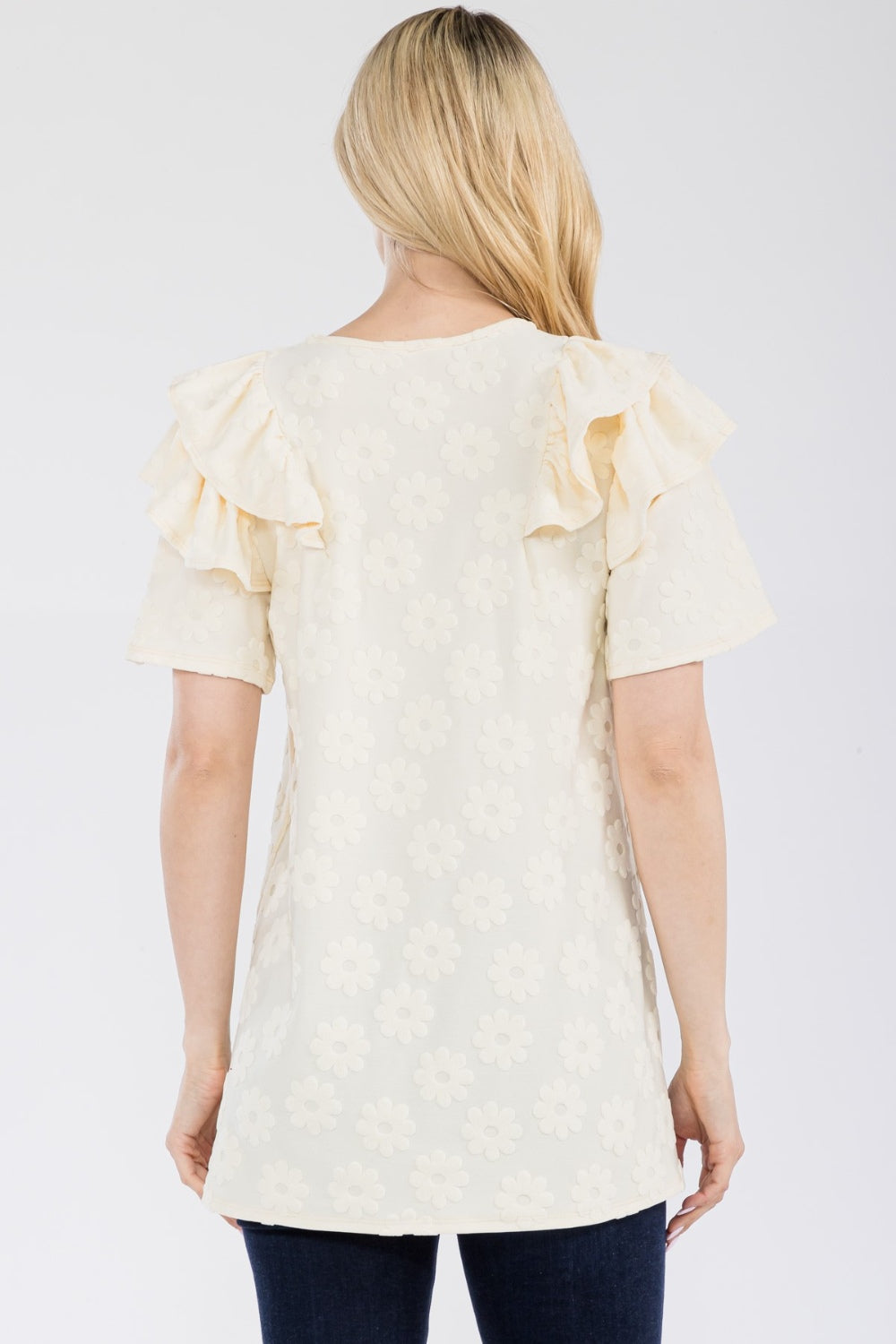 Celeste Full Size Ruffle Layered Short Sleeve Daisy Floral Top