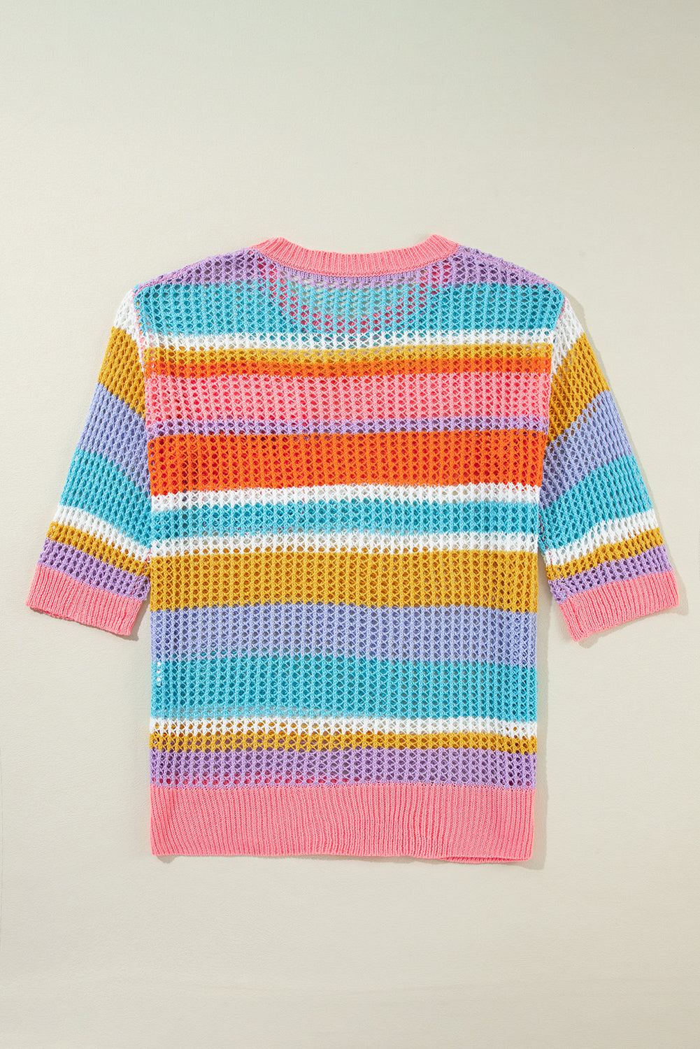 Orange Striped Color Block Hollow Crochet 3/4 Sleeve T Shirt