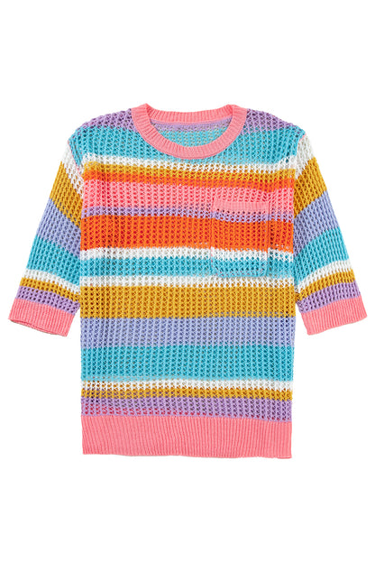 Orange Striped Color Block Hollow Crochet 3/4 Sleeve T Shirt