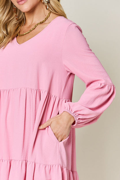 Double Take Full Size V-Neck Balloon Sleeve Tiered Dress