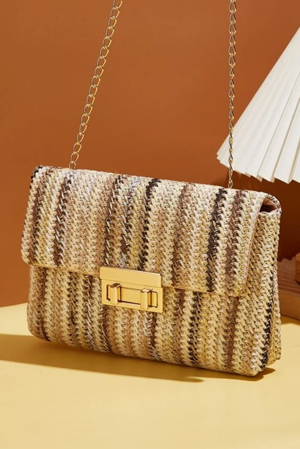 Camel Woven Striped Flapped Single Shoulder Bag