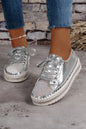 Silvery Rhinestone Metallic Sheen Lace-up Sneakers