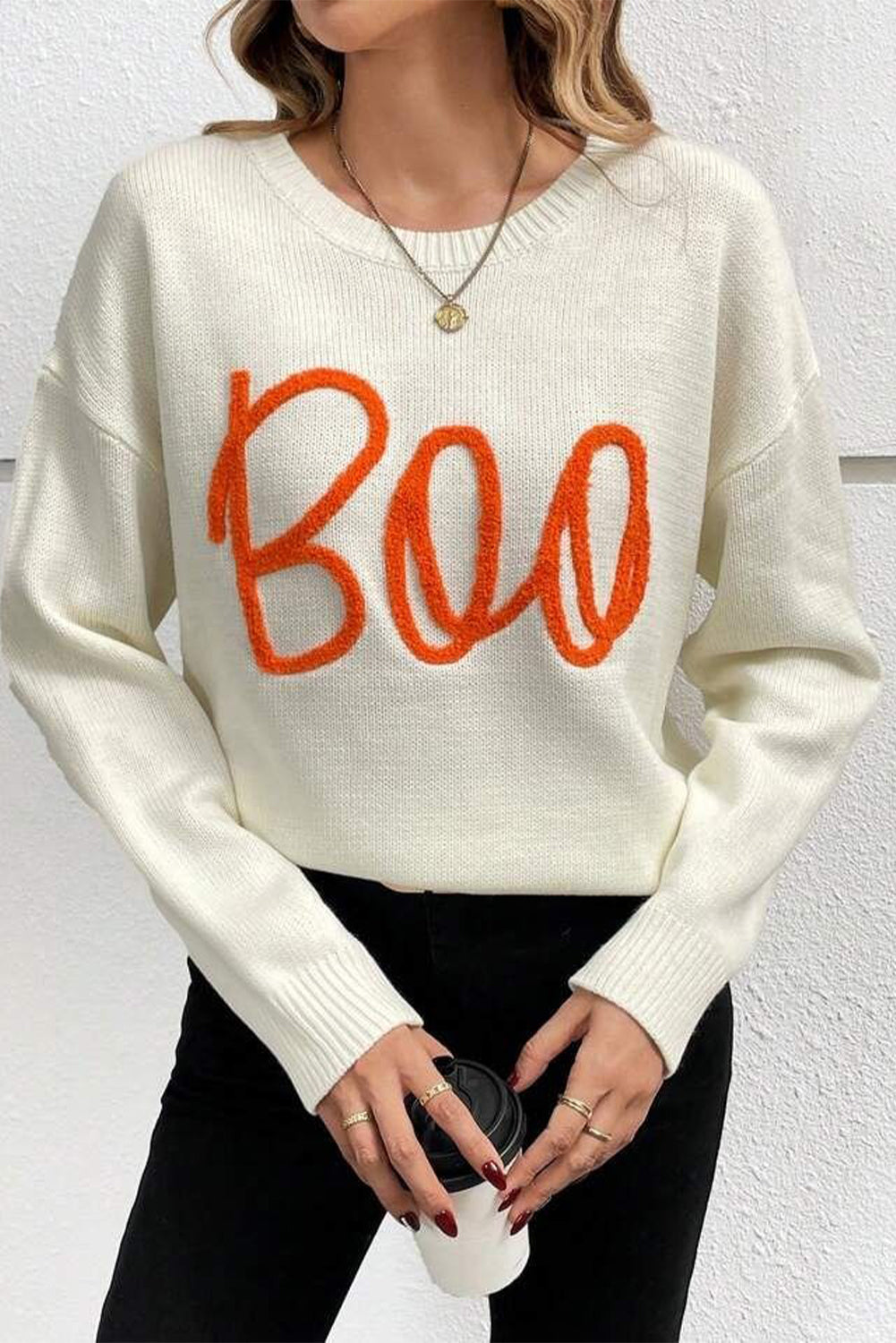 Black Halloween Boo Drop Shoulder Knit Sweater