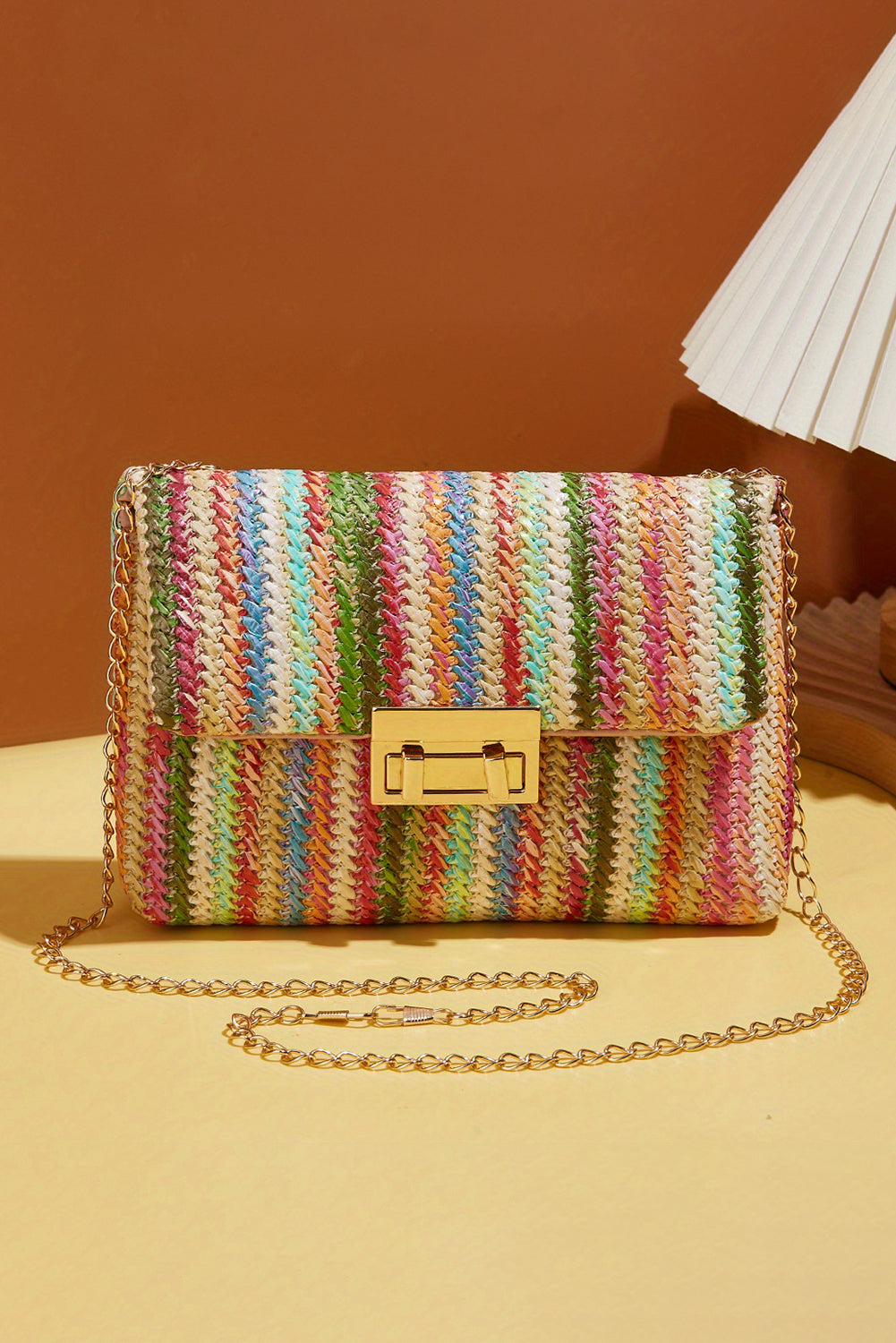 Camel Woven Striped Flapped Single Shoulder Bag