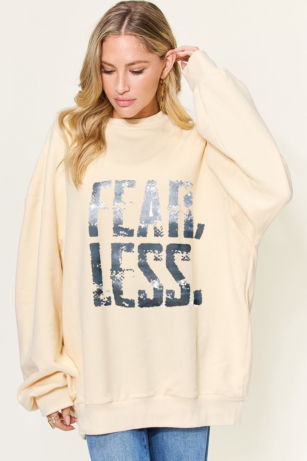 Simply Love Full Size FEAR LESS Graphic Drop Shoulder Oversized Sweatshirt