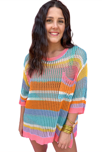 Orange Striped Color Block Hollow Crochet 3/4 Sleeve T Shirt