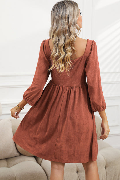 Brown Washed Square Neck High Waist Flared Short Dress