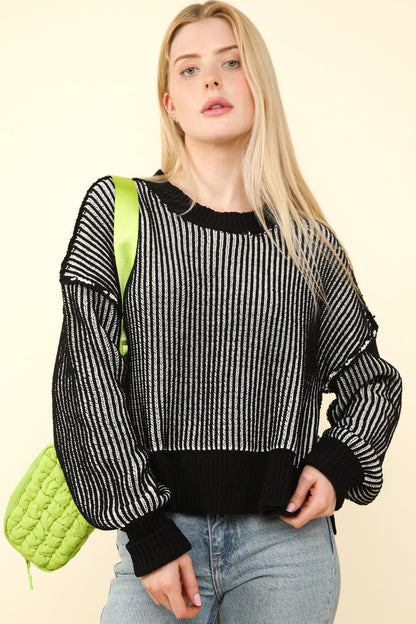 VERY J Exposed Seam Cropped Striped Slit Sweater