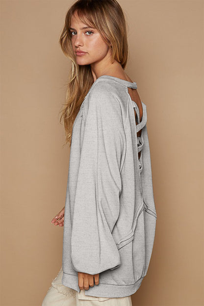 POL Back Cross Strap Detail Balloon Sleeve Sweatshirt