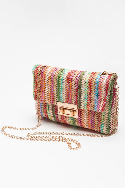 Camel Woven Striped Flapped Single Shoulder Bag