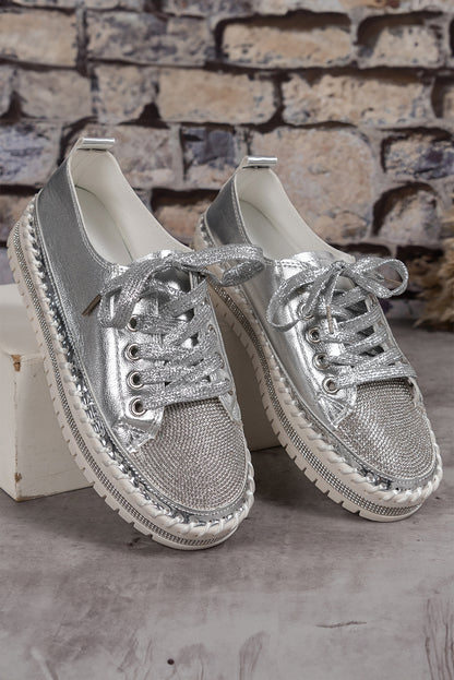 Silvery Rhinestone Metallic Sheen Lace-up Sneakers