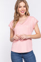 ACTIVE BASIC Lace Trim V-Neck Short Sleeve Ribbed Top