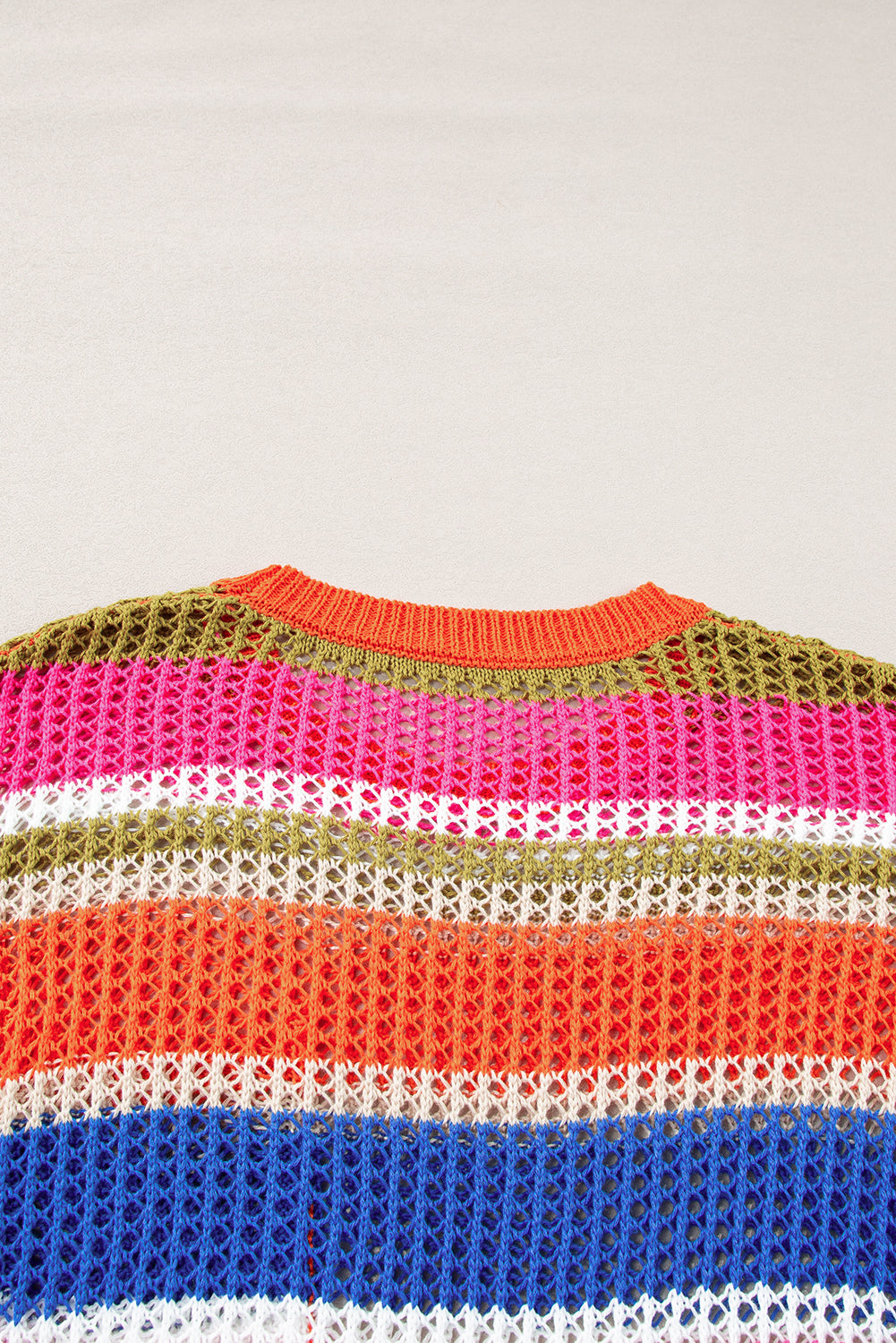 Orange Striped Color Block Hollow Crochet 3/4 Sleeve T Shirt