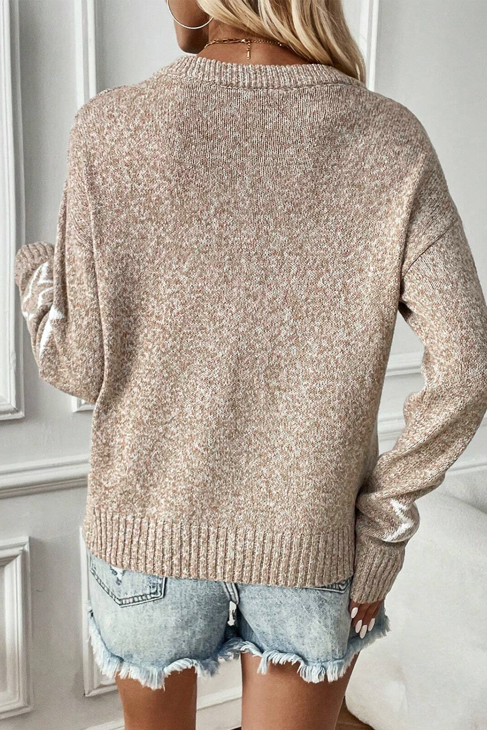 Khaki Star Pattern Drop Shoulder Knit Sweater