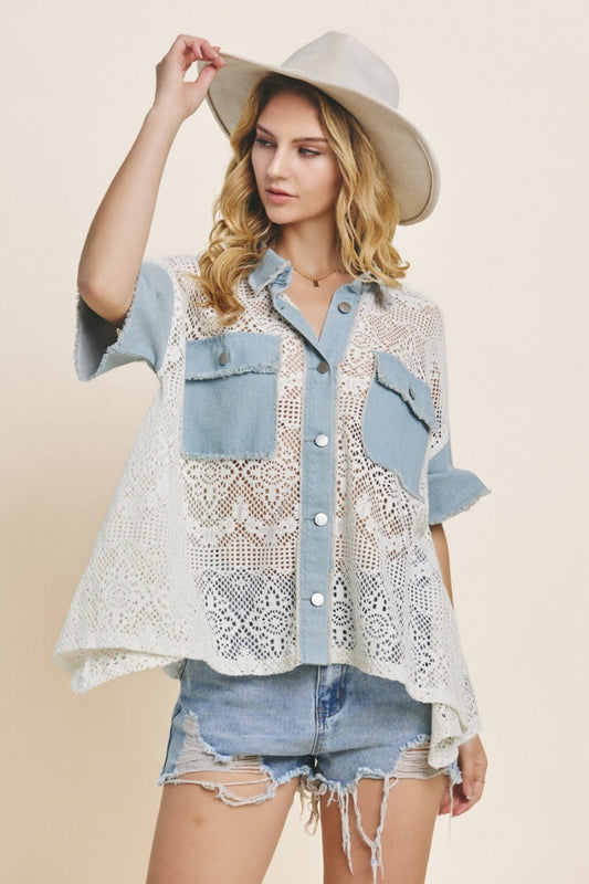 ODDI Button Up Short Sleeve Lace Shirt