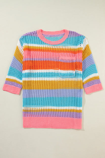 Orange Striped Color Block Hollow Crochet 3/4 Sleeve T Shirt