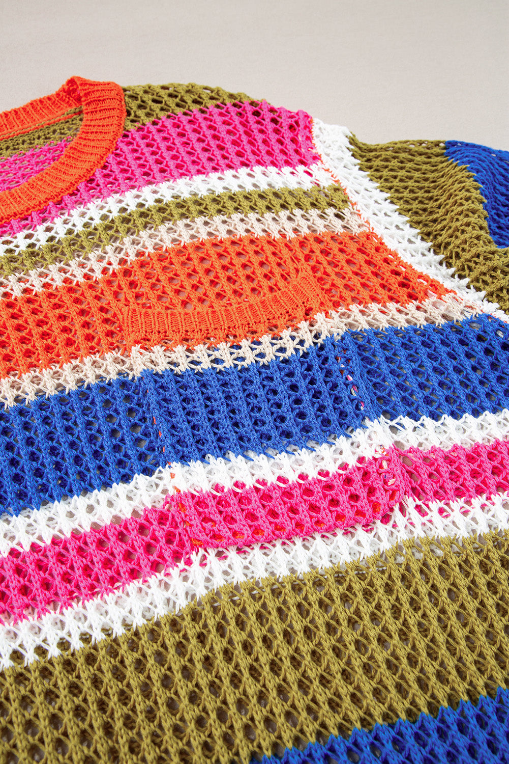 Orange Striped Color Block Hollow Crochet 3/4 Sleeve T Shirt