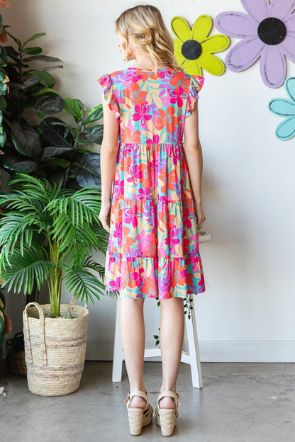 Heimish Full Size Floral Cap Sleeve Tiered Dress