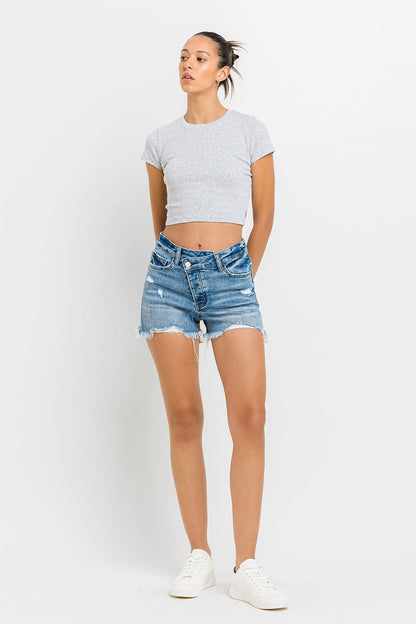 Lovervet Stepped Waist Raw Hem Denim Shorts