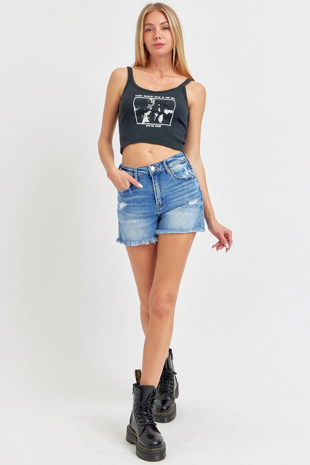 RISEN Full Size High Rise Distressed Raw Hem Denim Shorts