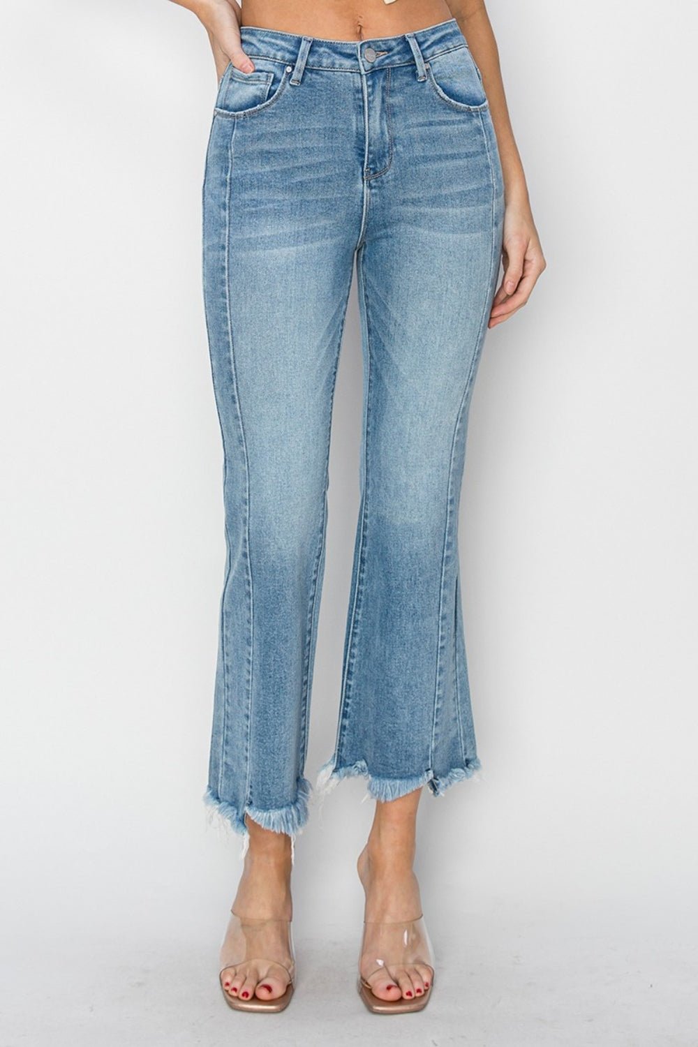 RISEN Full Size High Rise Frayed Hem Flare Jeans