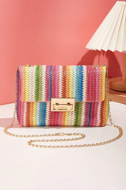 Camel Woven Striped Flapped Single Shoulder Bag