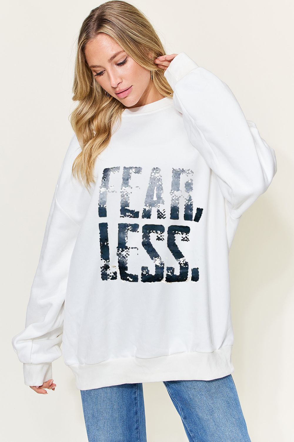 Simply Love Full Size FEAR LESS Graphic Drop Shoulder Oversized Sweatshirt