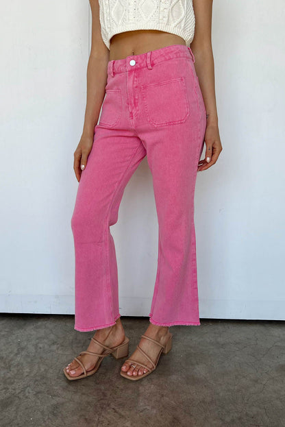 Pink Raw Hem Light Wash Flare Mid Rise Pants