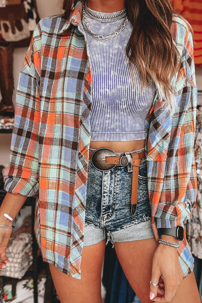 Red Plaid Print Drop Sleeve Loose Shirt