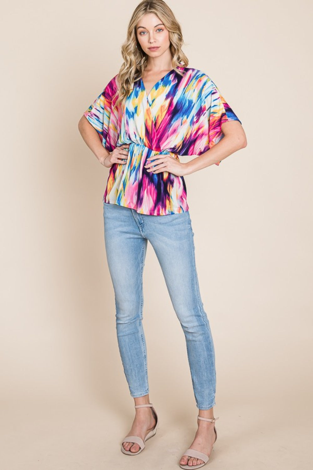 BOMBOM Printed Surplice Peplum Blouse