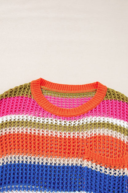 Orange Striped Color Block Hollow Crochet 3/4 Sleeve T Shirt