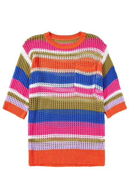 Orange Striped Color Block Hollow Crochet 3/4 Sleeve T Shirt