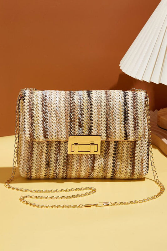 Camel Woven Striped Flapped Single Shoulder Bag