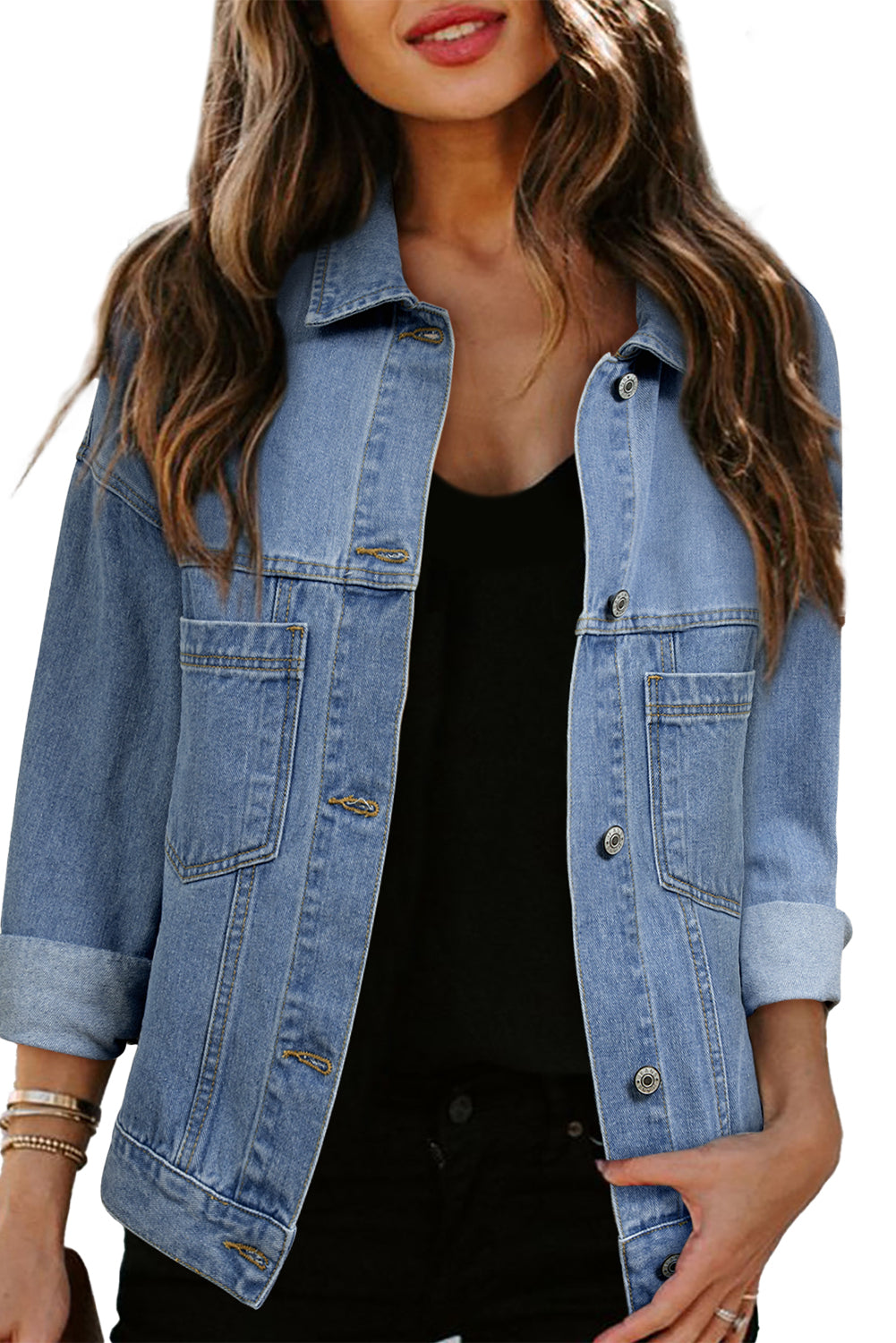 Blue Stripe Washed Oversized Pocketed Denim Jacket