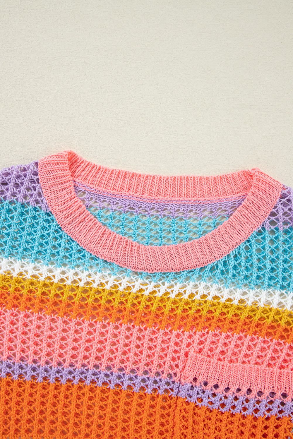 Orange Striped Color Block Hollow Crochet 3/4 Sleeve T Shirt