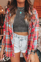 Red Plaid Print Drop Sleeve Loose Shirt