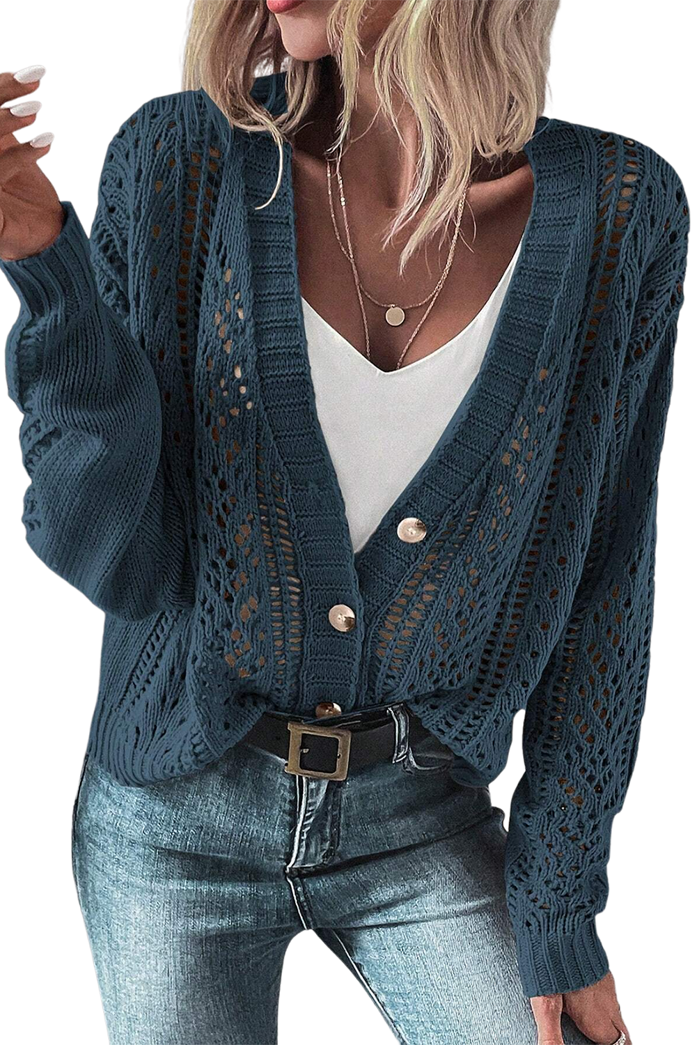 Real Teal Hollow Knit Drop Shoulder Cardigan