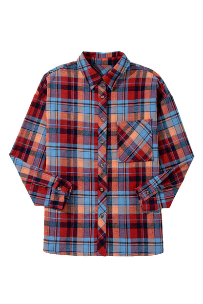 Red Plaid Print Drop Sleeve Loose Shirt